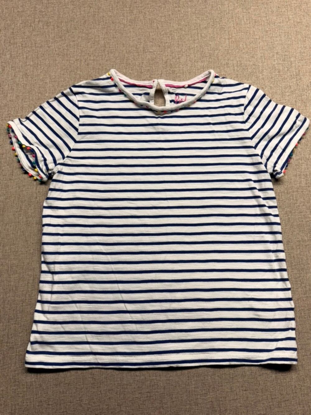 Boden Girls 11-12Y Navy White Striped T-Shirt Rainbow Pom Pom Trim Nautical